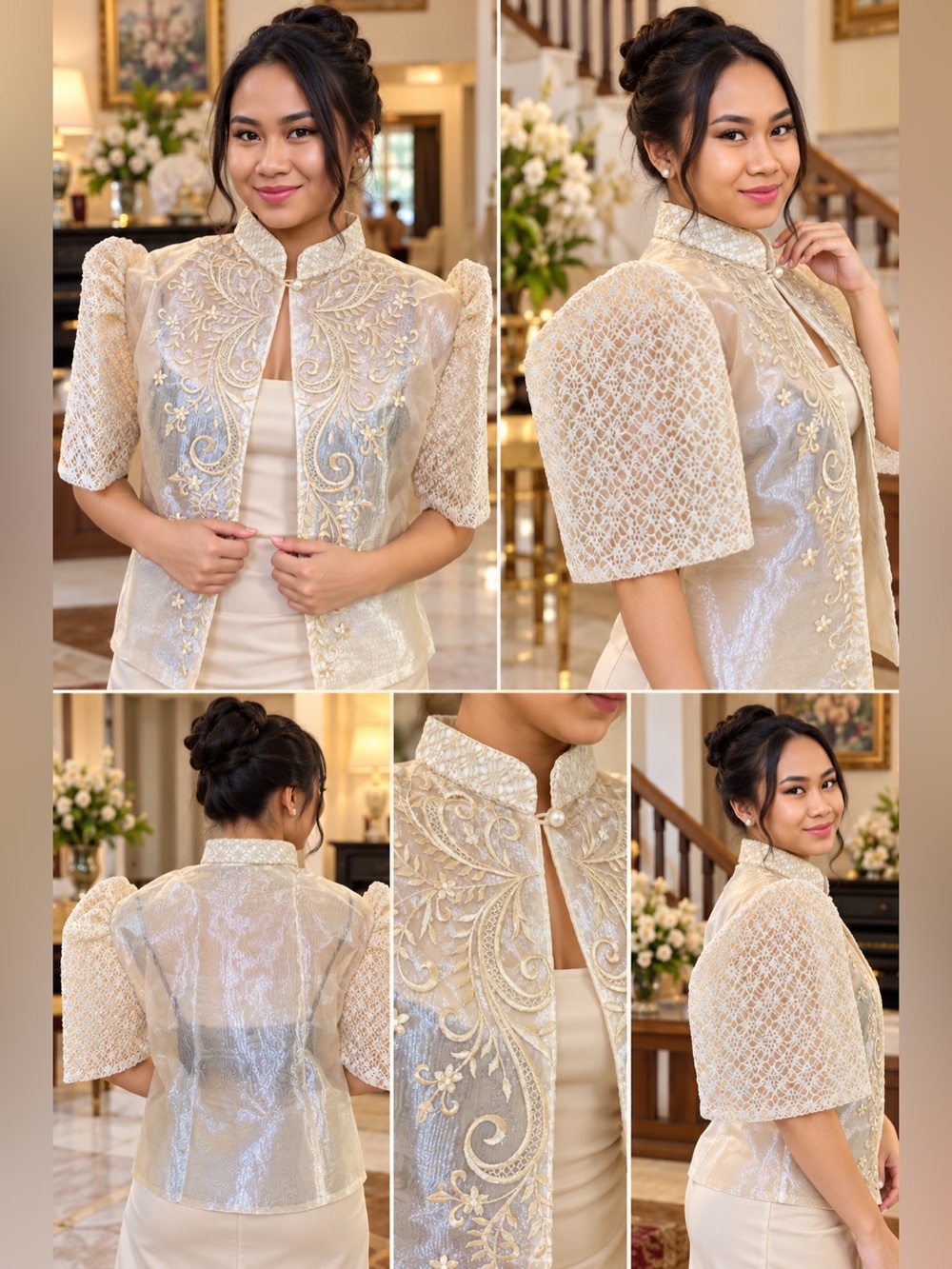 Elegant Filipiniana Lace Bolero – Ivory Cream Embroidered Puff Sleeve Jacket